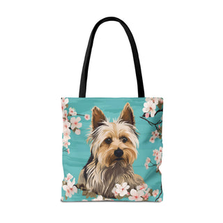 Yorkshire Beach Blue Yorkie Floral Tote Bag