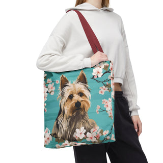Yorkshire Beach Blue Yorkie Floral Tote Bag