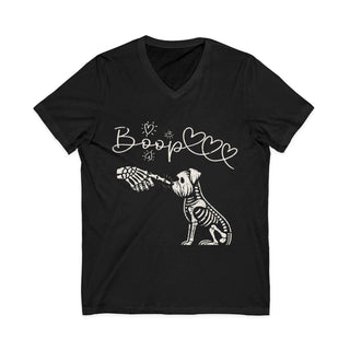 Boop Skeleton Dog V-neck t-shirt with cheeky skeleton dog graphic on soft cotton fabric