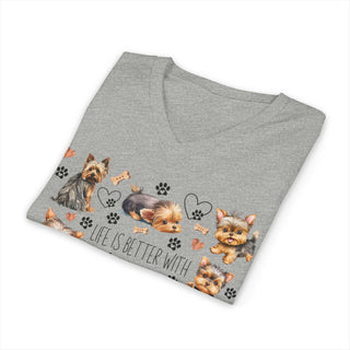 Yorkie Lover V-Neck T-Shirt unisex cotton jersey with durable seams and ribbed collar