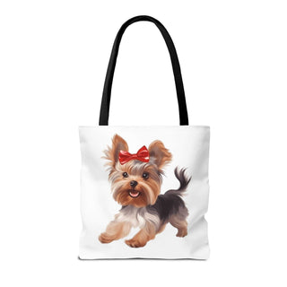 Yorkie puppy running design on white compact tote bag with reinforced handles and boxed corners