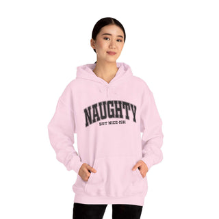 Naughty But Nice-ish Hoodie sweatshirt with adjustable hood and kangaroo pocket, cozy cotton-poly blend