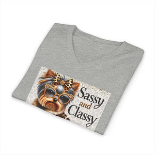 Sassy and Classy Yorkie V-neck T-shirt for dog lovers with lightweight fabric and retail fit