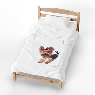 Yorkshire Terrier with Red Bow Velveteen Plush Blanket