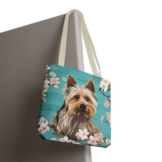 Yorkshire Beach Blue Yorkie Floral Tote Bag