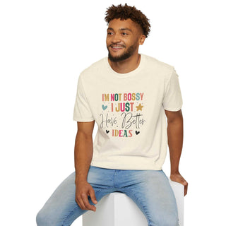 Unisex I'm Not Bossy V-neck t-shirt in 100% cotton with empowering slogan and size guide table