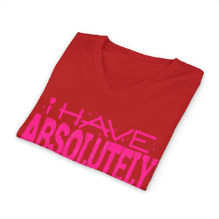 Red V-neck tee with bold pink "I Have Absolutely No Desire To Fit In" quote, Bella+Canvas cotton shirt