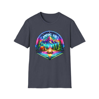 Unisex dark gray t-shirt with colorful Camping Vibes graphic featuring a mountain, tent, campfire, and trees