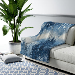 Blue Snowy Forest Sherpa Fleece Blanket