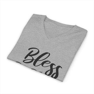 Unisex Bless Your Heart V-neck t-shirt with soft cotton, stylish fit, and size guide table