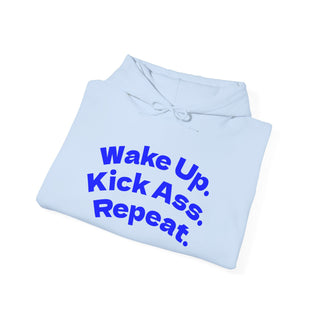 Wake Up Kick Ass Repeat hoodie sweatshirt in black with bold chest print and kangaroo pocket