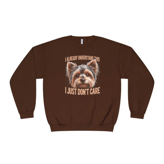 Crewneck sweatshirt with Yorkshire Terrier and "I already understand this" phrase, soft NuBlend fleece, durable stitching, casual fit