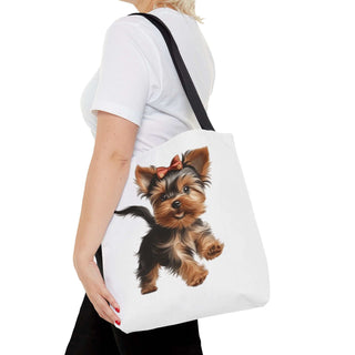 Yorkie Puppy Tote Bag with hand-painted Yorkshire Terrier and red bow on white background