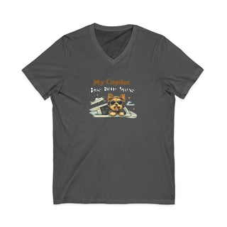 My Copilot Has Four Paws V-neck t-shirt with relaxed dog graphic and breathable cotton fabric