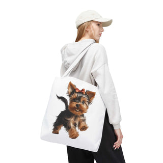 Yorkie puppy tote bag with hand-painted Yorkshire Terrier and red bow on white background
