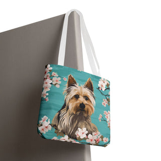 Yorkshire Beach Blue Yorkie Floral Tote Bag