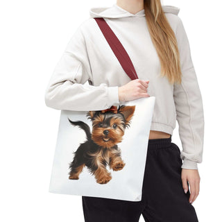 Yorkie puppy tote bag with hand-painted Yorkshire Terrier and red bow on white background