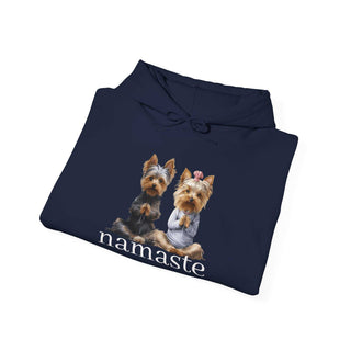 White Yoga Namaste hoodie sweatshirt with Yorkshire Terriers and kangaroo pocket