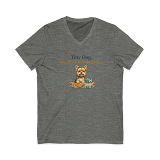 Tiny Dog Worldwide Reputation V-neck T-shirt with suitcase graphic and soft cotton fabric