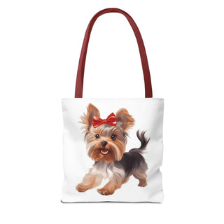 Yorkie puppy tote bag with hand-painted Yorkshire Terrier and red bow on white background, available in three sizes