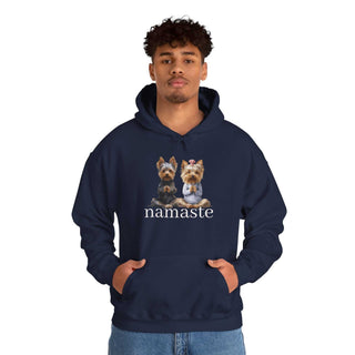 White Yoga Namaste Hoodie with two seated Yorkshire Terriers print and kangaroo pocket