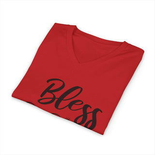 Bless Your Heart V-neck t-shirt in soft cotton with size guide and care instructions