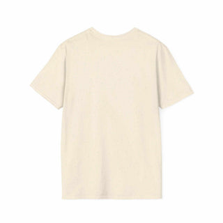 Back view of plain beige Camping Adventure Unisex T-Shirt made from lightweight ring-spun cotton with classic fit and crew neckline