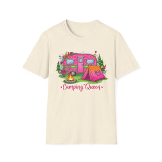 Camping Queen T-Shirt with colorful pink camper, tent, campfire, and floral design on cream background