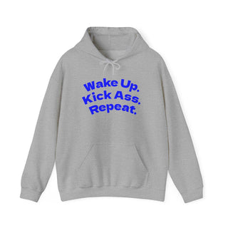 Black hoodie sweatshirt with "Wake Up. Kick Ass. Repeat." slogan and kangaroo pocket