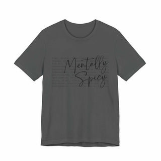 Mentally Spicy Unisex Jersey T-Shirt size chart with measurements and care details