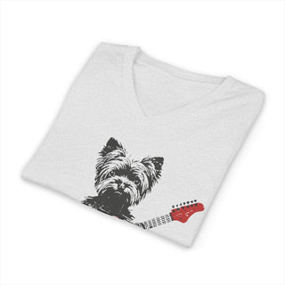 Yorkie Playing Red Guitar V‑Neck T-Shirt