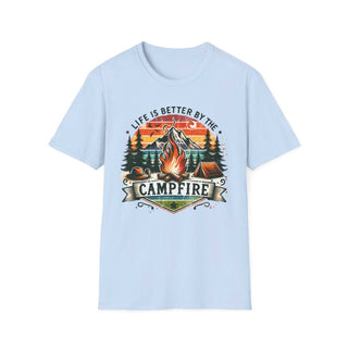 Light blue Camping Adventure unisex t-shirt featuring a colorful campfire design with the text "Life is better by the campfire"