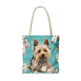 Yorkshire Beach Blue Yorkie Floral Tote Bag