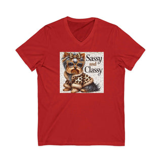 Sassy and classy Yorkie V-neck T-shirt with lightweight fabric and trendy fit for dog lovers