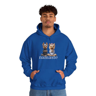 White Yoga Namaste hoodie with two seated Yorkshire Terriers graphic and kangaroo pocket