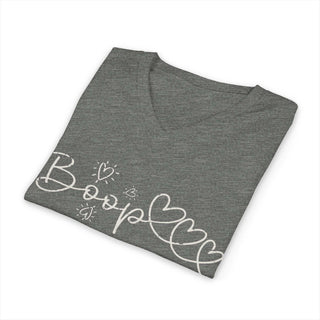 Boop Skeleton Dog graphic V-neck cotton t-shirt with cheeky skeleton pup design
