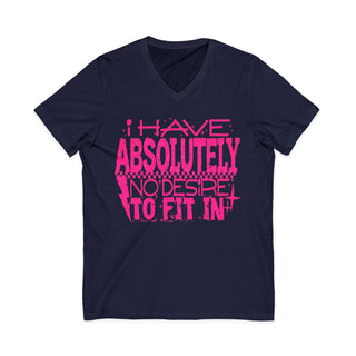Navy blue V-neck tee with bold pink "I Have Absolutely No Desire To Fit In" text print, 100% cotton, stylish casual shirt.