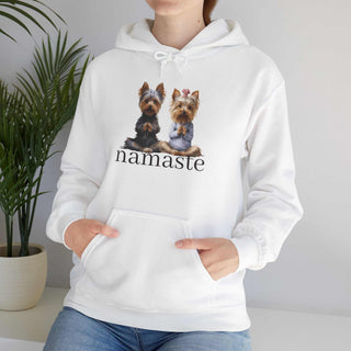 Yoga Namaste Hoodie with Yorkshire Terriers and kangaroo pocket in white cotton-poly blend