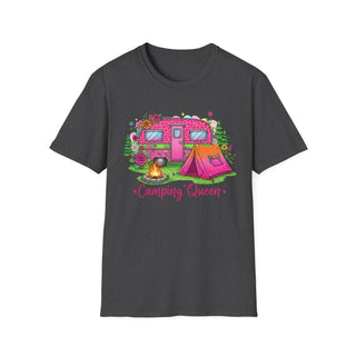 Dark gray Camping Queen T-Shirt with pink camper, tent, campfire, and floral design on front