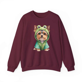 Embroidered Yorkie in frog costume on cozy crewneck sweatshirt