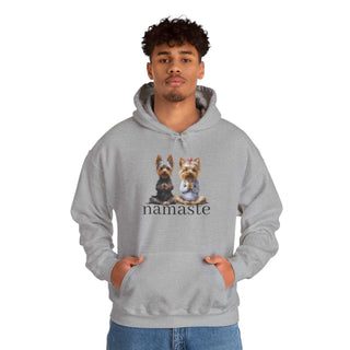 White Yoga Namaste Hoodie with Yorkshire Terriers design, kangaroo pocket, and adjustable hood.