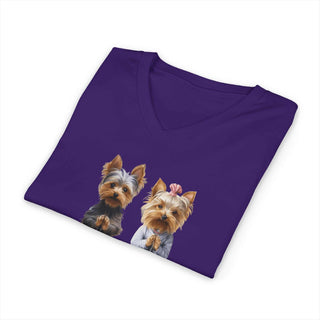 Yorkie Namaste V-Neck T-Shirt with yoga dog design, lightweight cotton, stylish fit, and ethical manufacturing