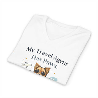 My Travel Agent Has Paws V-neck t-shirt with dog holding passport and boarding pass design