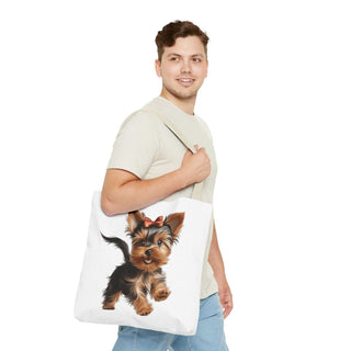 Yorkie puppy tote bag with hand-painted Yorkshire Terrier and red bow on white background