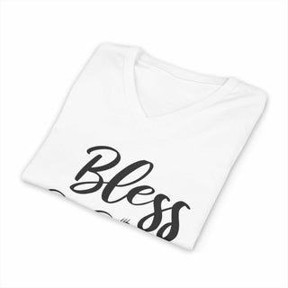 Bless Your Heart V-neck unisex jersey tee in soft cotton with size guide table