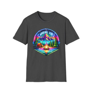 Unisex softstyle t-shirt with colorful camping vibes design featuring a tent, campfire, and mountain scenery on a dark gray background