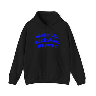 Black hoodie sweatshirt with "Wake Up. Kick Ass. Repeat." motivational text on chest and kangaroo pocket