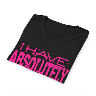 Black V-neck tee with bold pink "I Have Absolutely No Desire To Fit In" text, made of 100% cotton, stylish and comfortable for adults