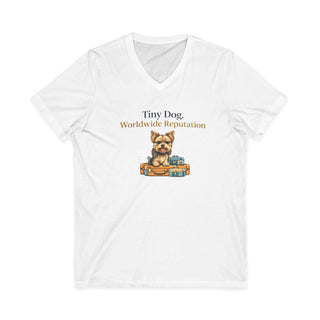 Tiny Dog Worldwide Reputation V-neck T-shirt with small dog on suitcases design