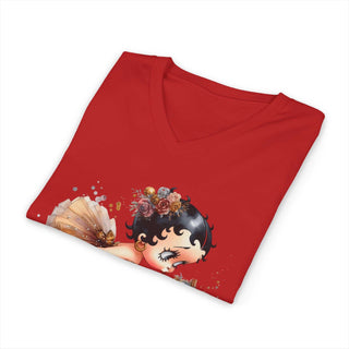 Betty Boop kissing puppy graphic on lightweight cotton V-neck t-shirt